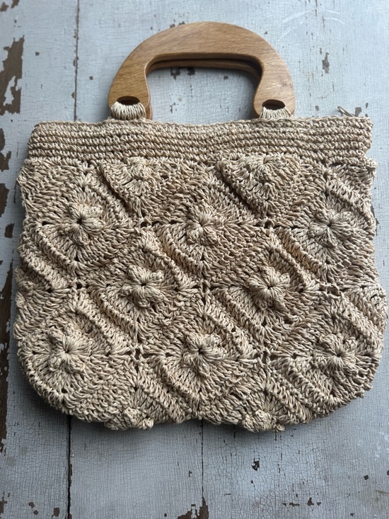 Handbags - Vintage Crochet Straw Tote with Wooden Handle